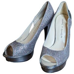 Marc Fisher glitter heels sparkly open toe silver size 8